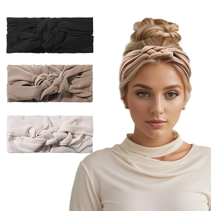 Vercret Headbands for Women Sailor Knot Headband Black Double Wide Elastic Adjustable Braided Hair Bands Non Slip for Girls Boho Stretchy Turban Headwrap Yoga Workout,Solid Color, 3Pcs