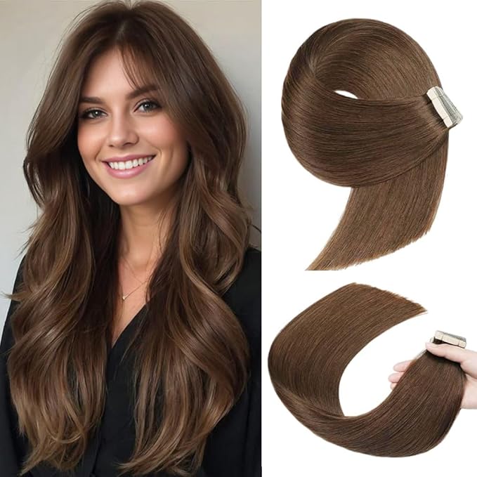 Tape in Hair Extensions 20pcs Remy Hair Extensions 22 Inch Darkest Brown Straight Invisible Human Hair Tape for Skin Weft Tape Seamless Human Hair (4#,22 Inch)