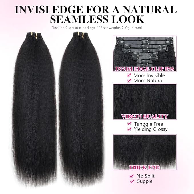 Invisi Edge Clip In Hair Extensions Human Hair 2 Pack 240g 16pcs Kinky Straight Invisible Clip Ins For Women Full Head Injected Clip Ins Remy Human Hair Extensions Natural Color 24inch