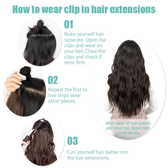 KooKaStyle Clip in Synthetic Hair Extensions Long Wavy 4PCS Thick Hairpieces Chestnut Brown Fiber Double Weft Natural Hair Extensions 16 Inch for Women