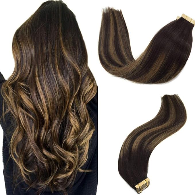 GOO GOO Tape in Hair Extensions Human Hair, 2/6/2 Balayage Dark Brown to Chestnut Brown, 24inch 50g 20pcs, Thick Ends Straight Seamless, Invisible