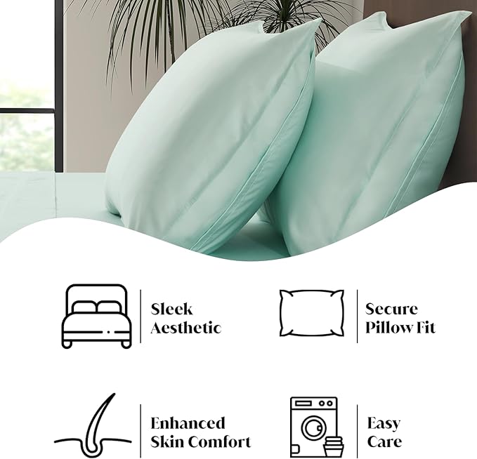 Luxury Bamboo Market |King Envelope Pillowcase Set | 100% Viscose Made from Bamboo | Organically Grown | Ultra Soft | Cooling | 2pcs [Coastal Green]