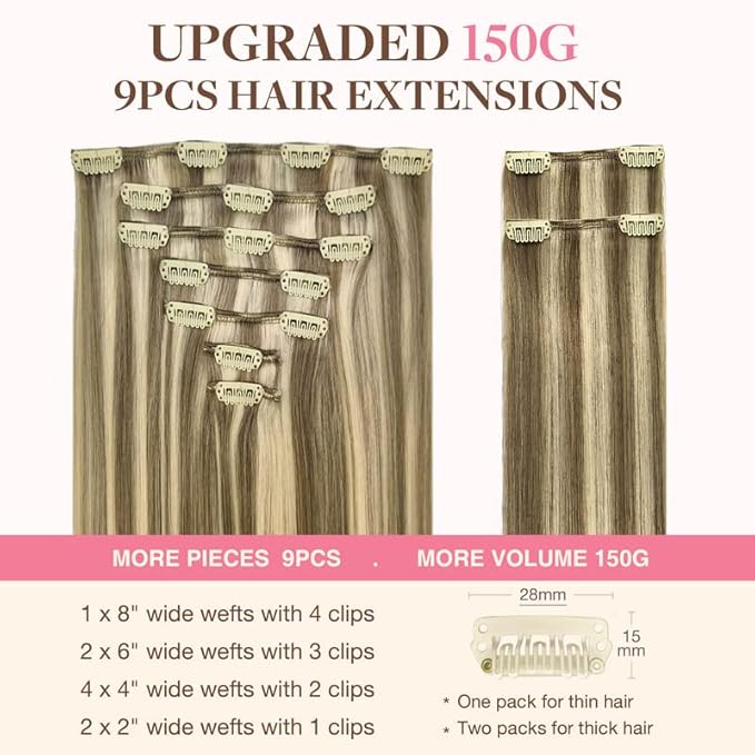 GOO GOO Clip in Hair Extensions Real Human Hair, Remy Human Hair Extensions Clip ins for Women, Natural Human Hair, 16inch 150g 9Pcs, 8A/22 Medium Brown Highlighted Golden Blonde