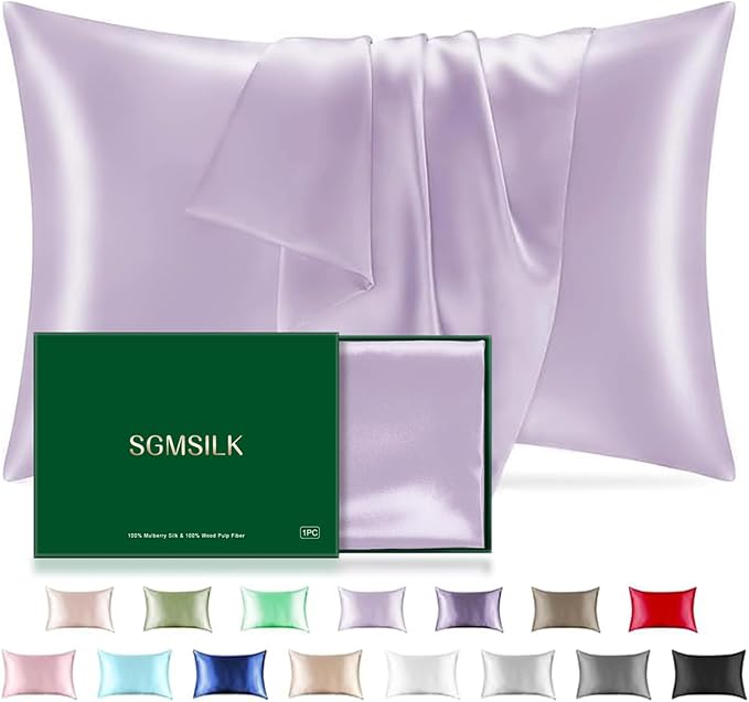 Mulberry Silk Pillowcase for Hair and Skin, SGMSILK 22 Momme Natural Silk Pillow Cases with Zipper, 6A Soft and Smooth Single Sided Pure Silk Pillow Cover (Light Purple, Queen 20"x30")