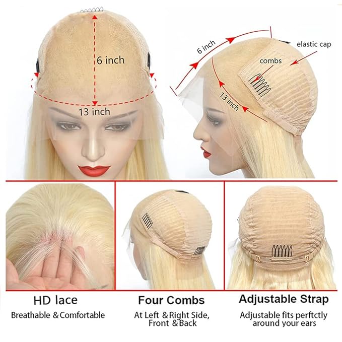 613 Blonde Human Hair Wigs 13X6 HD Transparent Lace Front Body Wave Wigs with Baby Hair for Black Women Pre Plucked Brazilian Virgin Hair Wig 180% Density 22 Inch