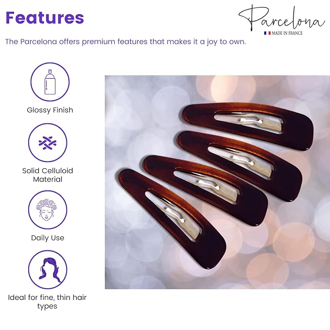 Parcelona French Mini Set of 4 Small Celluloid Acetate Snap Hair Clips No Slip Fashion Durable Styling Women Hair Accessories Girls Snap Hair Barrette, Made in France (Tortoise Shell Brown)