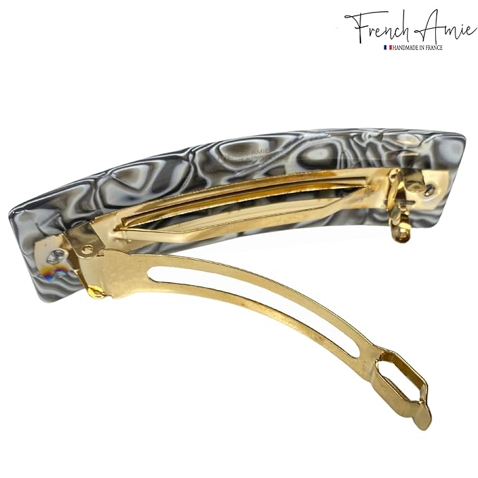 French Amie Rectangular Gray Magma 3 1/4” Celluloid Acetate Handmade Automatic Hair Clip Barrette with Sturdy Golden Clasp for Women and Girls, Made in France