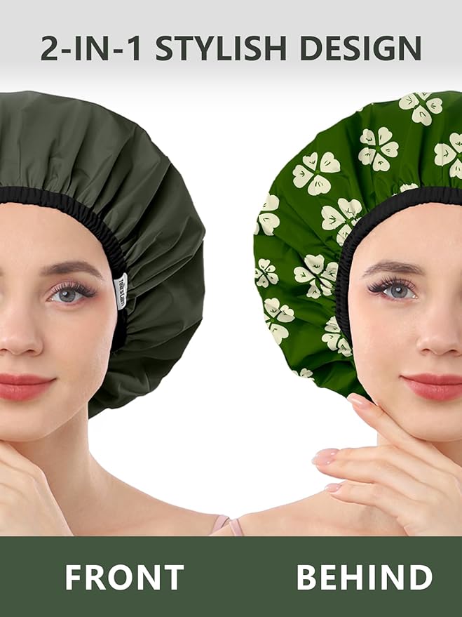Years Calm Shower Caps For Women Reusable Waterproof，Pattern And Solid Color Dual-Layer Design For Dual-Layer Usable，Protects Hair In Shower, Spa, Cooking, Clean & Travel (Green, One Size)