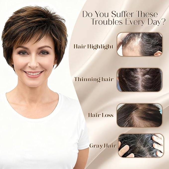 Short Hair Topper for Thinning Hair 4 Inch Short Pixie Cut Toppers Pieces Natural Curly Synthetic Black Wiglets Hairpieces (Rich Chestnut Brown with Highlight, 4 inch)