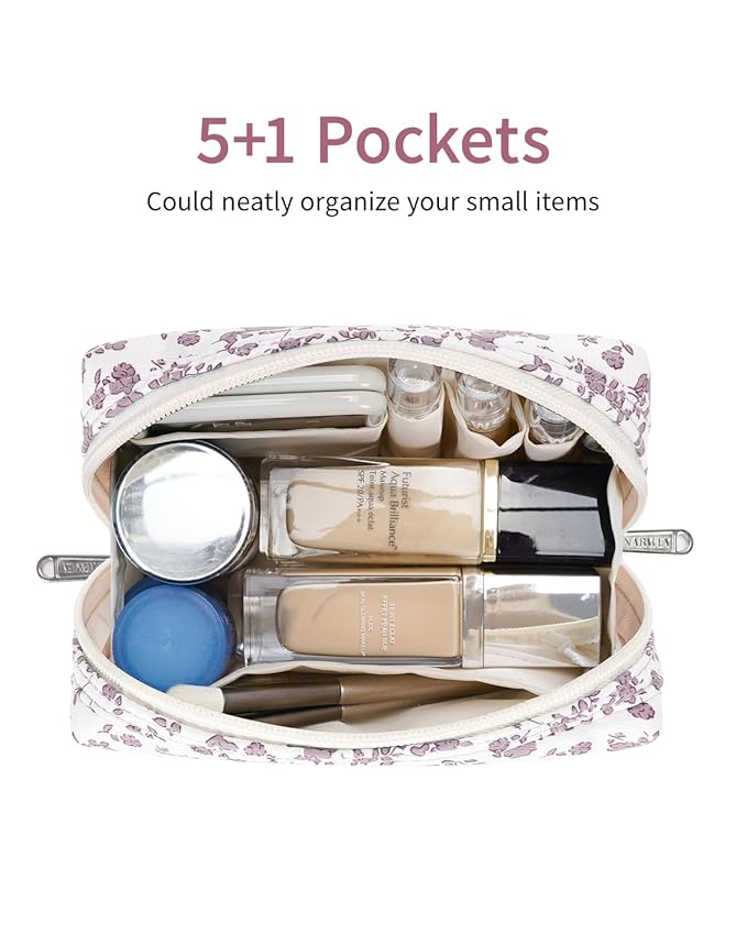 Narwey Small Cute Floral Makeup Bag for Purse Mini Cosmetic Bag Travel Makeup Pouch Zipper Pouch Cute Make up Bags with Compartments for Women Girls (Little Dusty Pink Flower, Small)