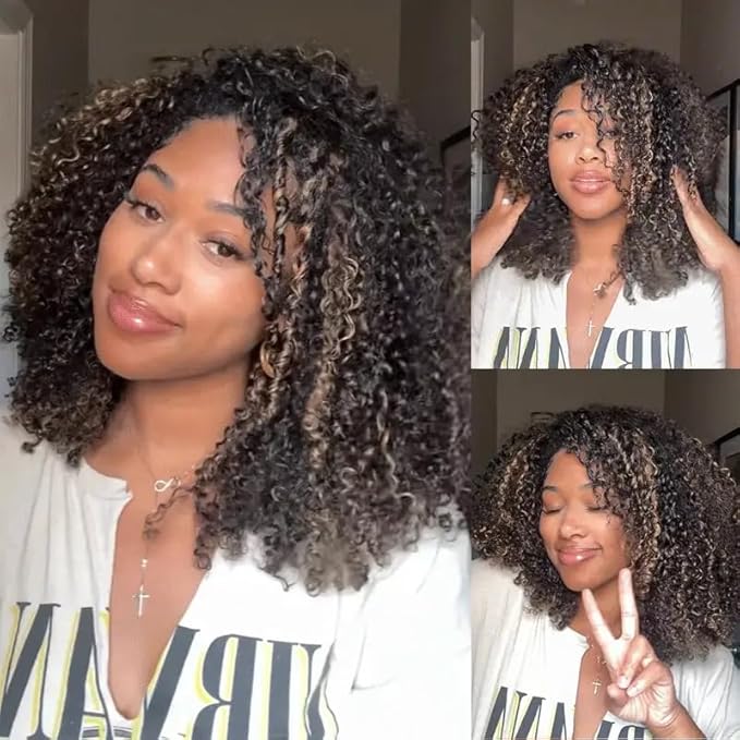 Kinky Curly Half Wig Human Hair 250% Density Wear Go Glueless Wigs Human Hair Curly 3 In 1 Half Wigs for Women Drawstring Seamless Flip Highlight Blonde Headband Wig Beginner Friendly (20 Inch)