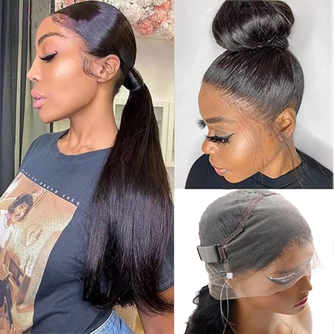 Hidden Strap Invisi Strap Straight 360 Glueless Wigs Human Hair Pre Plucked Pre Bleached Brazilian Virgin Wig With Drawstring 250 Density HD Full Lace Front Wigs Human Hair 28 Inch