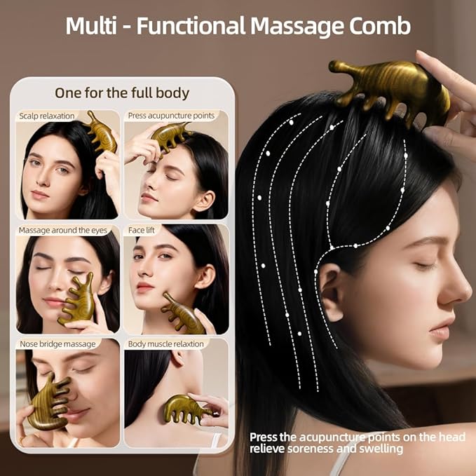 Multi-Functional Gua Sha Tool for Face & Body, Green Sandalwood Scalp Massager Hair Growth, Lymphatic Drainage, Head Massage Comb, Guasha Tool for Stress Relief and Face Lifting