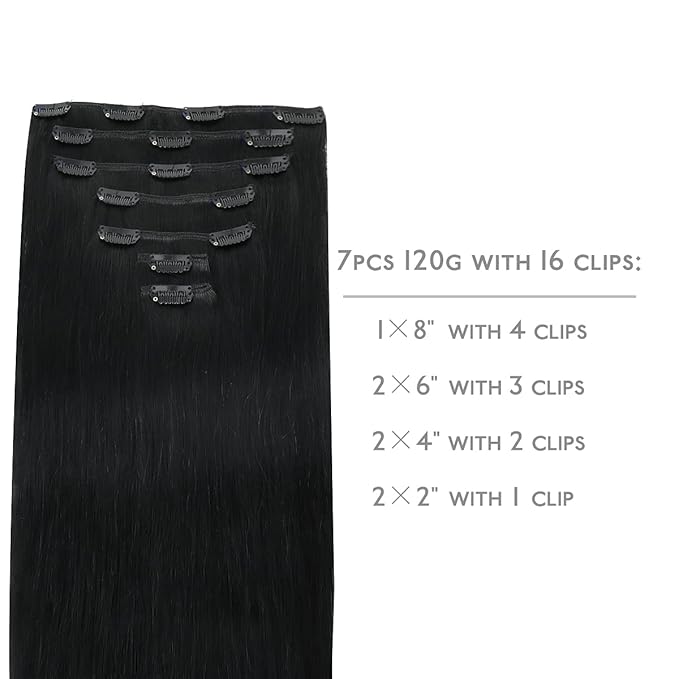 Wennalife Clip in Jet Black 16 Inch 120g 7pcs Human Hair Extensions Remy Clip in Hair Extensions Double Weft
