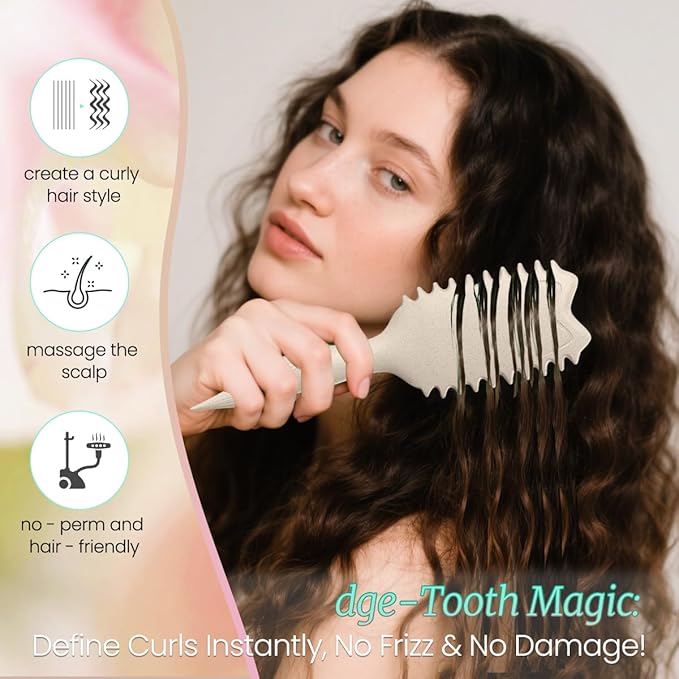 Curly Hair Brush Boar Bristles Curl Defining Brush With 2 Psc Silk Scrunchies Detangling Brush For Curly Hair Detangling Brush Styling Comb Curling Curling Brush (Beige)