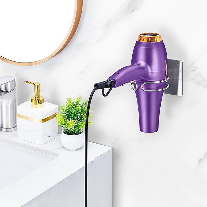 Blow Dryer Holder Wall Mounted, Hair Dryer Holder Stand for Most Hair Dryers Organizer and Storage, Self Adhesive Hairdryer Hanger Rack for Bathroom and Cabinet, Silver