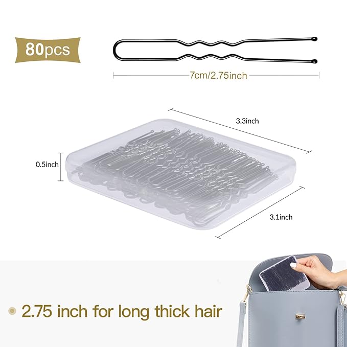 Hair Pins for Women, IKOCO 80pcs 2.75inch U Shaped Hair Pins with Storage Box, Black