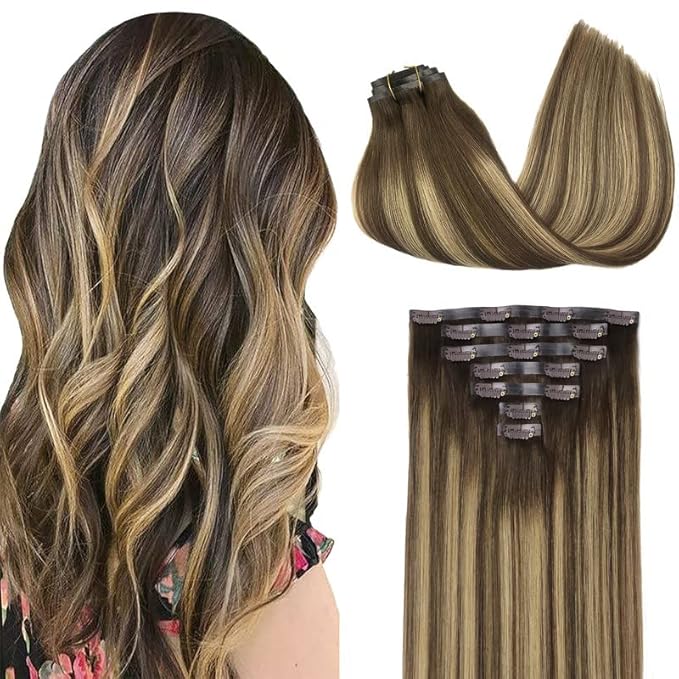 GOO GOO Clip in Hair Extensions Real Human Hair, Remy Human Hair Extensions Clip ins for Women, Natural Human Hair, 22inch 110g 7Pcs, 4/27/4 Balayage Chocolate Brown to Caramel Blonde