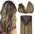 GOO GOO Clip in Hair Extensions Real Human Hair, Remy Human Hair Extensions Clip ins for Women, Natural Human Hair, 22inch 110g 7Pcs, 4/27/4 Balayage Chocolate Brown to Caramel Blonde