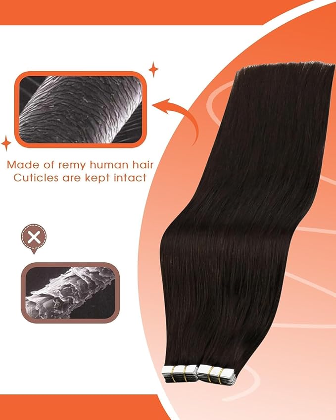 Sunny Hair Tape in Hair Extensions Real Human Hair Invisible Remy Hair Extensions Tape ins for Women Darkest Brown 16 inch 25G