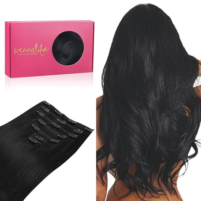 WENNALIFE Clip in Hair Extensions Real Human Hair, 12 Inch 80g 7pcs Remy Hair, Jet Black Straight Natural Extensiones De Cabello Humano Con Clip Ins