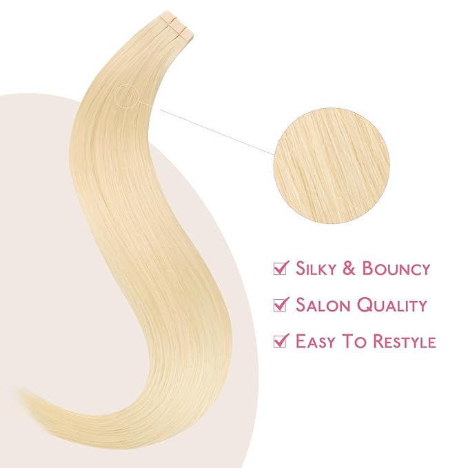 WENNALIFE Tape in Hair Extensions Human Hair Platinum Blonde Tape in Extensions, 10pcs 30g 20 inch Remy Invisible Tape Ins Straight Soft Real Human Hair Tape in Extensions Refill Set Extensions