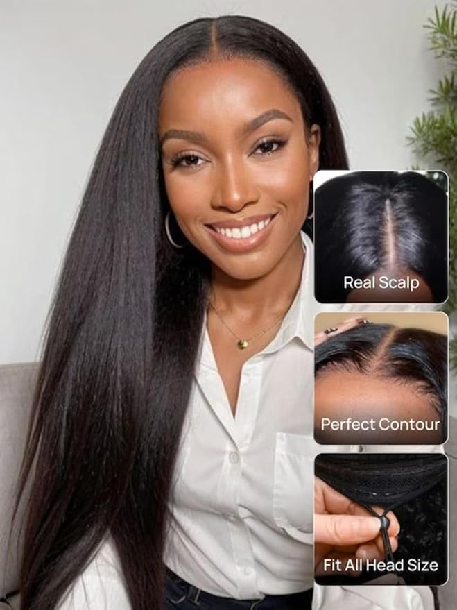 YIROO EasiContour V Part Wigs Human Hair Yaki Straight Human Hair Wigs No Leave Out Glueless Upgraded U Part Wigs for Women V Shape Clip in Vpart Wig No Sew in No Glue Beginner Friendly 24 inch