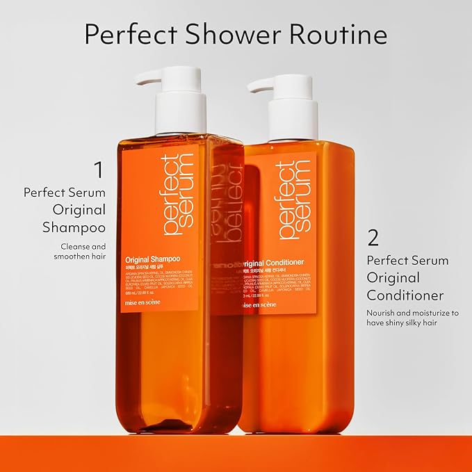 Mise En Scene Perfect Serum Shampoo and Conditioner with Mise En Scene Perfect Serum Hair Treatment - For Damaged Hair, Nutrient Care With Argan Oil, Containing Jojoba-Seed-Oil For Smooth