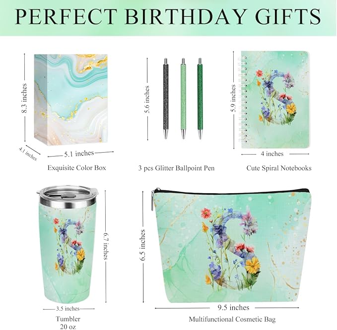 Personalized Gifts for Women Monogrammed Birthday Gifts for Women, Wife Girlfriend Christmas, Initial 20 oz Tumbler, Makeup Cosmetic Bag Cup Pens Journal Notebook 6 Set, (Aesthetic Green Flower S)