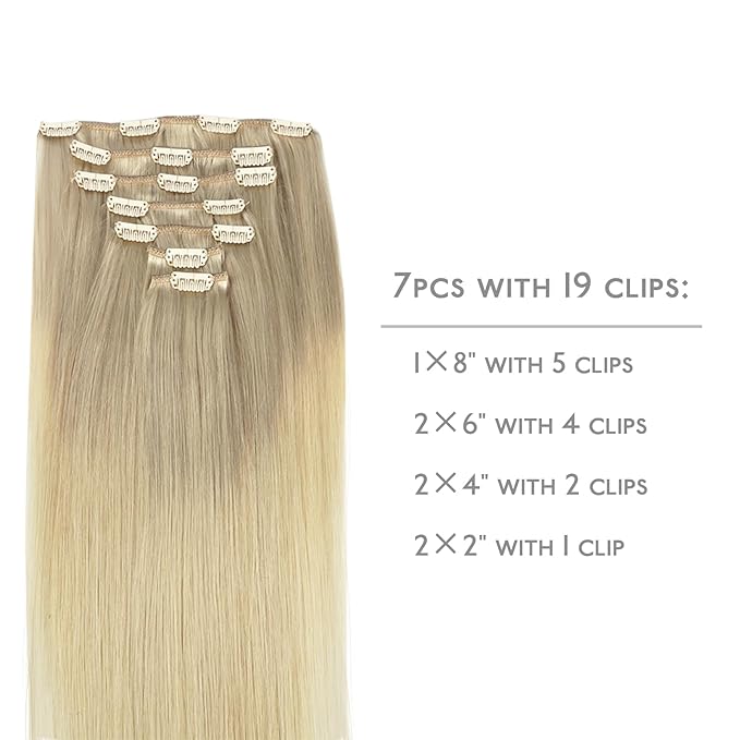 WENNALIFE Clip In Human Hair Extensions, 16 Inch 120g 7pcs Ash Blonde to Golden Blonde and Platinum Blonde Ombre Clip in Human Hair Remy Clip in Hair Extensions Real Human Hair Double Weft