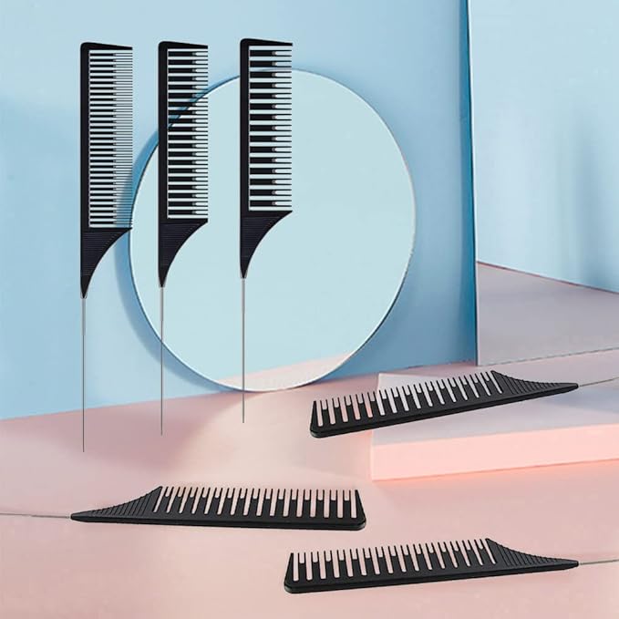 SKYPIA 3 Piece Professional Dyeing Hair Comb Set - Highlight Combs with Long Stainless Steel Rat Tail for Weaving and Styling (Black)