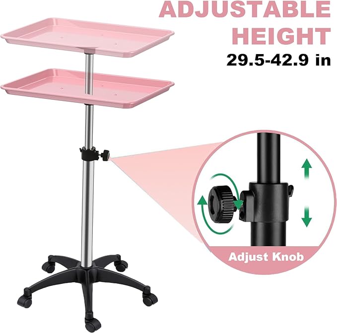 Salon Rolling Tray, Height Adjustable Tattoo Tray Rolling Cart, Storage Utility Trolley for Spa, Beauty Salon Service, Hairdresser Cart with Wheels, Black (Pink)
