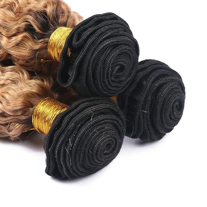 1b/27 Human Hair Bundles Ombre Blonde Deep Wave Bundle Brazilian Virgin Soft and Silky Remy Hair 3 Bundles 14 16 18 Inch Double Weft 2 Tone Black and Honey Blonde Bundle 150g