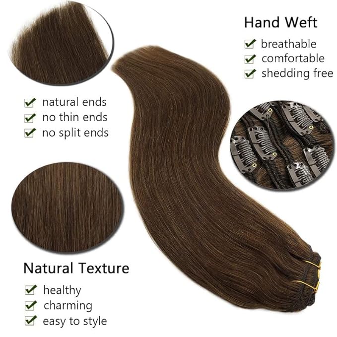 GOO GOO Clip in Hair Extensions Real Human Hair, Remy Human Hair Extensions Clip ins for Women, Natural Human Hair, 26inch 135g 7Pcs, 4A Chocolate Brown