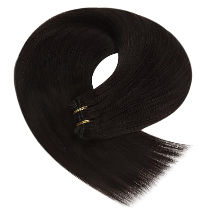 YoungSee Human Hair Sew in Extensions Darkest Brown Hand Tied Weft Hair Extensions Human Hair Dark Brown Sew in Hair Extensions Short Straight Hair 14Inch 70G