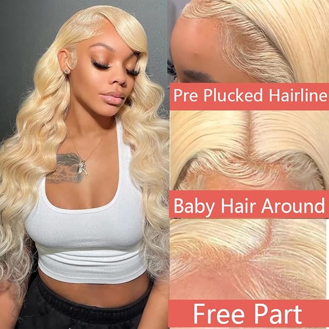 613 Blonde Human Hair Wigs 13X6 HD Transparent Lace Front Body Wave Wigs with Baby Hair for Black Women Pre Plucked Brazilian Virgin Hair Wig 180% Density 20 Inch