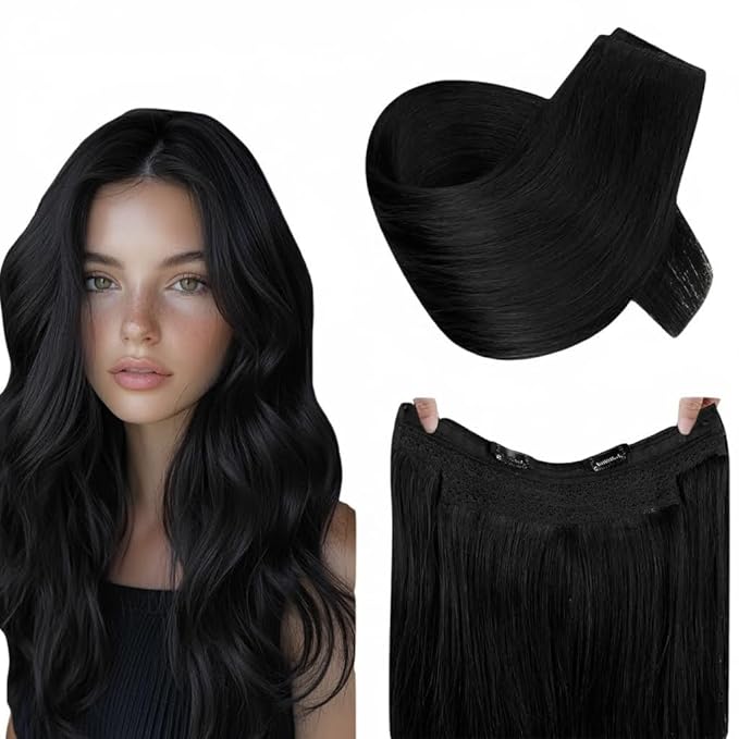 RUANTURE Invisible Wire Hair Extensions Real Human Hair, Wire Hair Extensions Black 16 Inch 80g One Piece, Natural Blend, Suitable for Daily Wearing #1 Jet Black