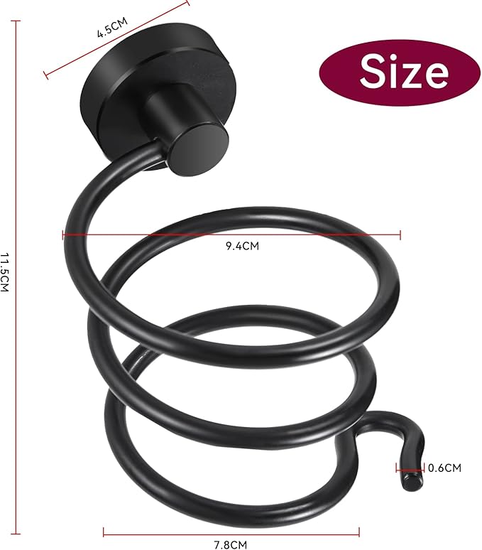 YUET Hair Dryer Holder Hairdryer Station Wall Mounted Stand Hanger Rack Blow Spiral Aluminum Construction Black Painted Shelf Storage for Bathroom Shower Room