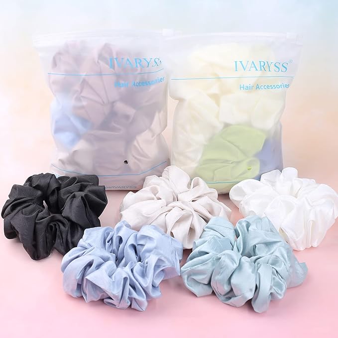 IVARYSS Big Scrunchies for Women Thick Hair, Premium Satin Softer than Silk, XL 6 Inch Extra Large Scrunchy Elastic Hair Bands Accessories, 6 Pack, Neutral