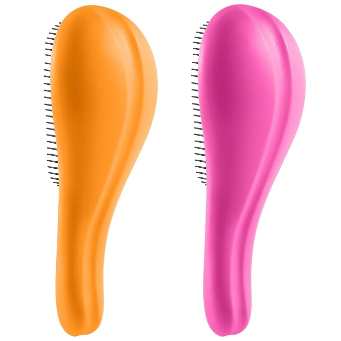 Detangling Hair Brush Set - 2 Pack Detangler Hairbrush with Ultra Soft Bristle for Effortless Tangle Removal - For Dry Wet Damaged Curly Hair for Men Women Girls Boys Kids - Orange & Pink