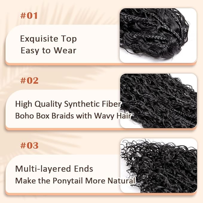 Drawstring Ponytail for Women 24 inch Boho Box Braids with Long Wavy Hair Ponytail Extension Natural Black Synthetic Hair Extensions Ponytail for Daily Use (1B#, 24 Inch)