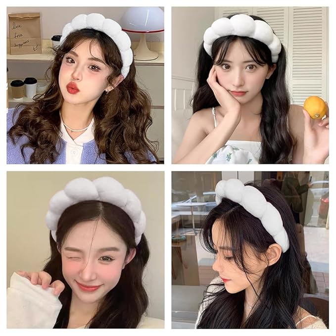 Spa Headbands for Washing Face or Makeup, Sponge Bubble Skincare Headbands, Puffy Terry Cloth Hairband for Women, Skin Care Makeup Headwear Hair Accessories for Girls(Pink)