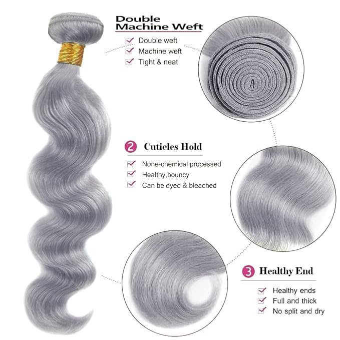 30 32 34 Inch Gray Bundles Human Hair Grey Body Wave Bundles Niegmeag Brazilian Virgin Remy Hair Extensions Double Weft Soft And Silky Silver Body Wave Bundle
