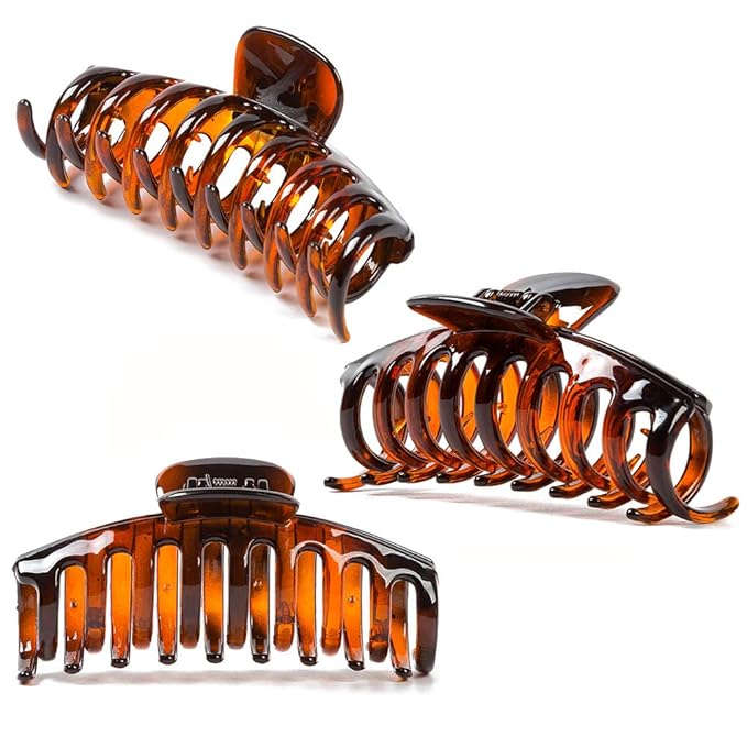 Polycarbonate Strong hold large hair claw clips for women thick hair, 3 counts in set of black/tortoise shell Brown/Clear resin big hair clips 4.3 inch in velvet gift bag (Plain)