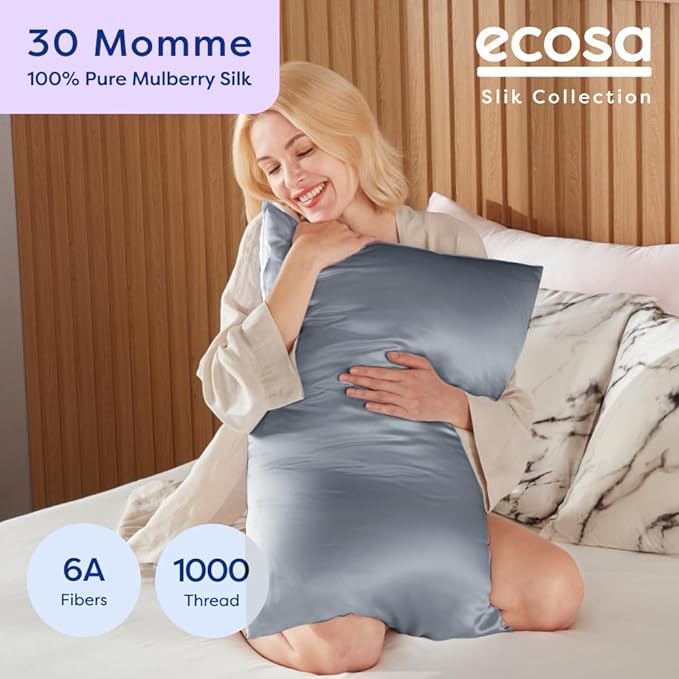 ECOSA Luxurious 30 Momme 100% Mulberry Silk Pillowcase (50x70cm) – 6A Grade Charmeuse Weave, Oeko-TEX® Certified – Frizz-Free Hair & Wrinkle-Free Skin (Sky Blue)
