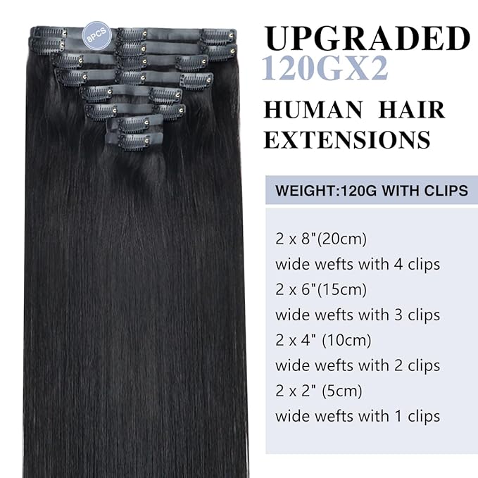 Straight Clip in Hair Extensions Real Human Hair 2 Pack 240g Seamless Clip in Hair Extensions for Women Full Max with 16Pcs PU Skin Weft 20inch Natural Black