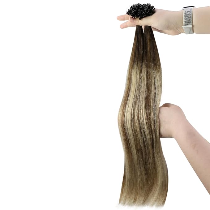 YoungSee Utip Hair Extensions Balayage U Tip Hair Extensions Remy Human Hair Brown Balayage Blonde Straight 18In 50s/50g