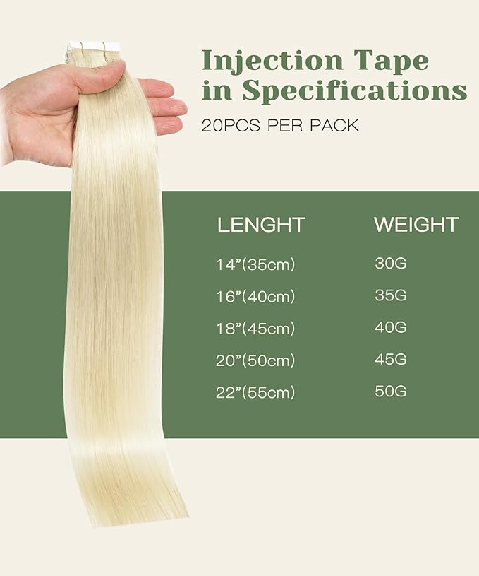 SURNEL Injected Tape in Hair Extensions Human Hair 22 Inch Platinum Blonde Upgraded Seamless Remy Invisible Tape in Extensions 20 Pcs 50g(#60,22)