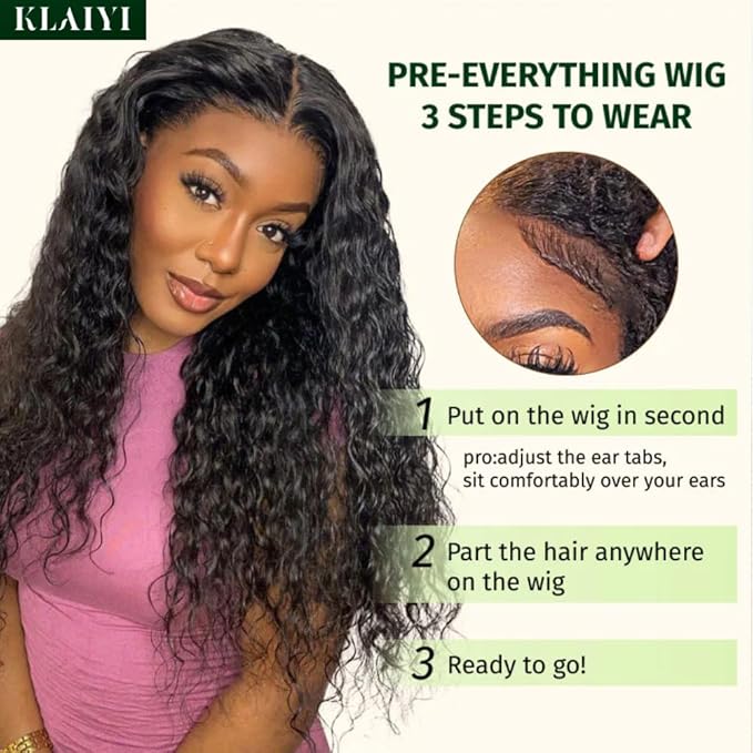 KLAIYI Bye Bye Knots Glueless Wig Pre Cut Water Wave HD Lace Front Wigs Human Hair Pre Bleached Pre Plucked Ready to Go Wigs for Women 30S Easy to Wear Put On and Go Curly Wig Beginner Friendly 18Inch