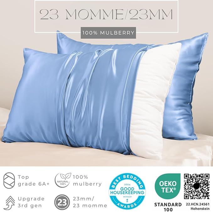 PROMEED 23 Momme Silk Toddler Pillowcase 2 Pack with Free Laundry Bag, Natural Highest Grade 6A+ 100% Mulberry Silk Pillow Case Set of 2, Zipper (Toddler/Travel 13"x18", Light Blue)